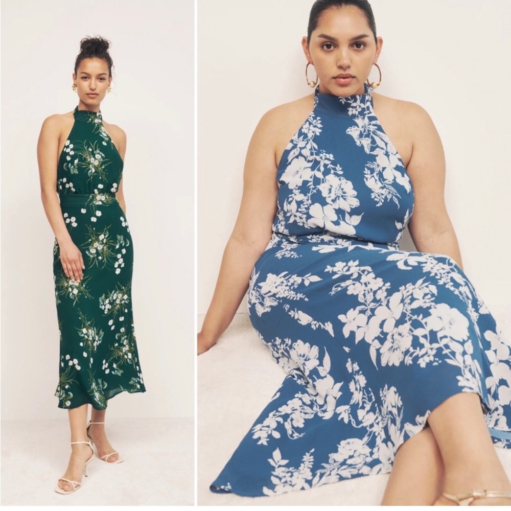 reformation LIZABETH blue floral high-neck dress, size 2